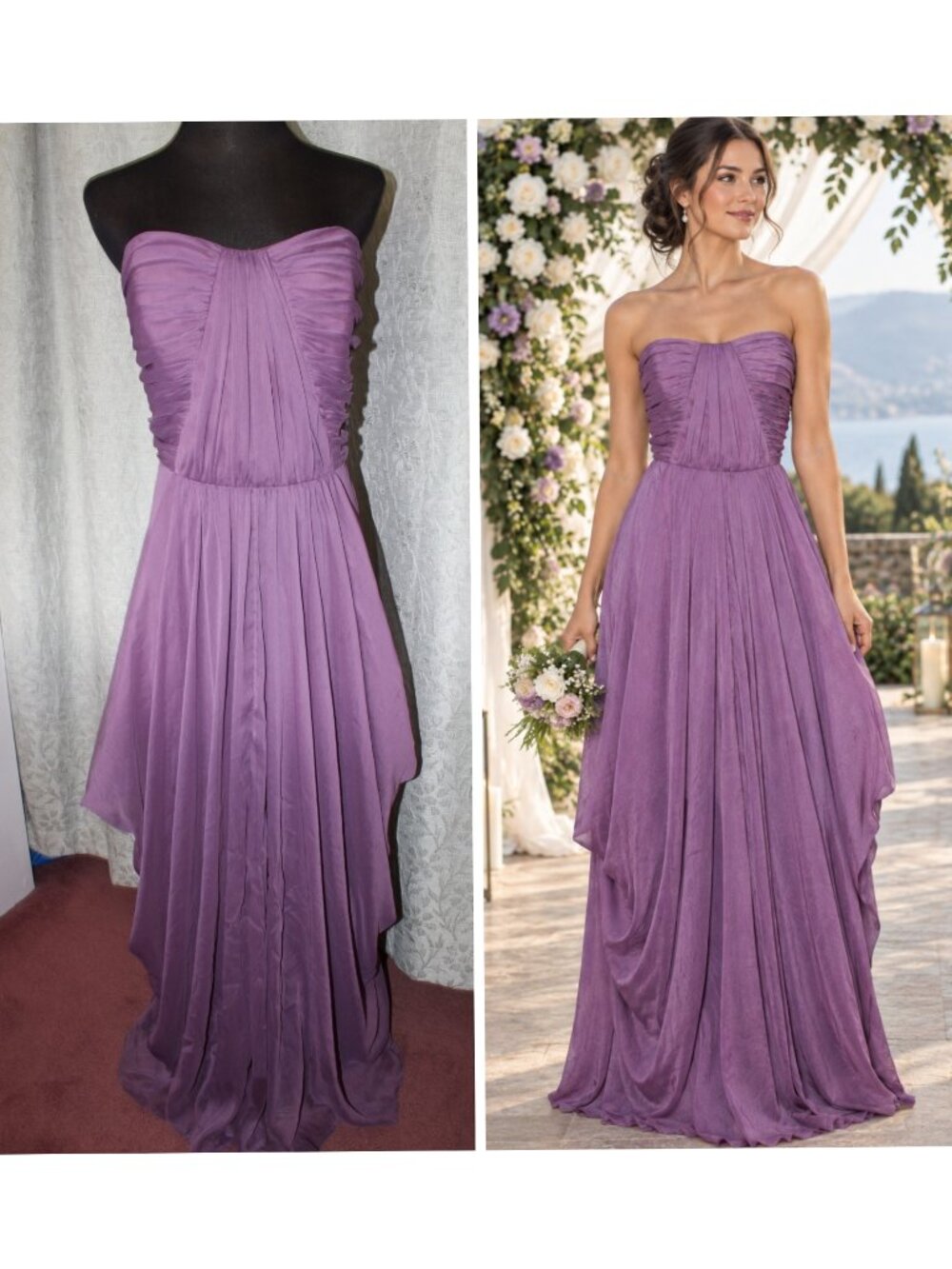 Lela Rose Bridesmaid Gown size 14 Purple Chiffon Dress Elegant Strapless Bodice